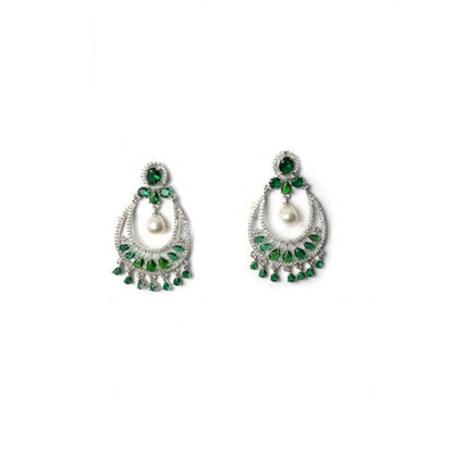 Generic Women's Brass Silver Plated Chandbali Earrings (Green)