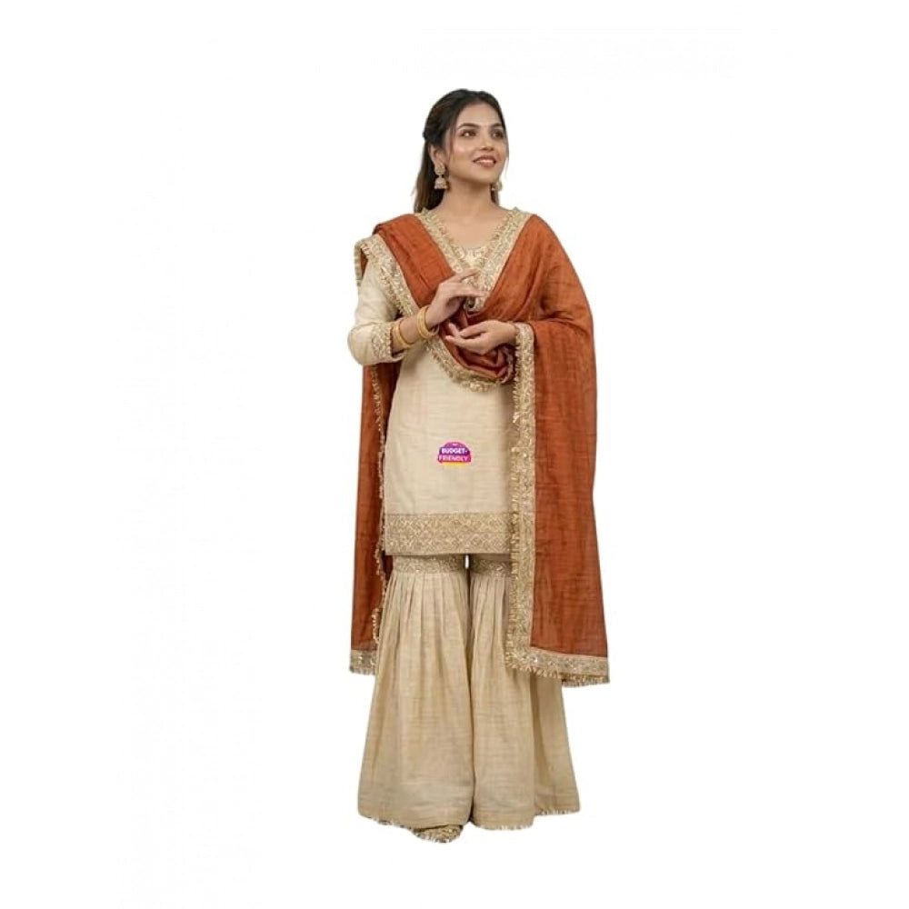 Generic Women's Silk Embroidered 3/4th Sleeve V-Neck Kurti With Sharara Pant and Dupatta Set (Cream &amp; Orange)