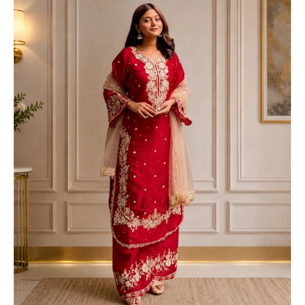Generic Women's Silk Embroidered 3/4th Sleeve Round Readymade Kurti With Palazzo Pant and Dupatta Set (Red)