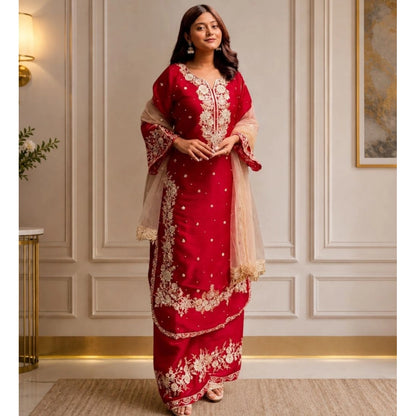 Generic Women's Silk Embroidered 3/4th Sleeve Round Readymade Kurti With Palazzo Pant and Dupatta Set (Red)