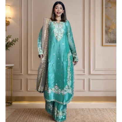 Generic Women's Silk Embroidered 3/4th Sleeve Round Readymade Kurti With Palazzo Pant and Dupatta Set (Sea Green)