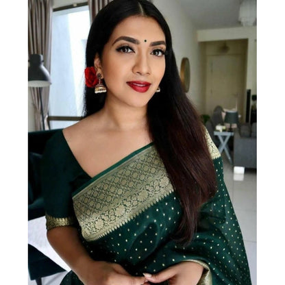 Generic Women's Litchi silk Printed Saree With Unstitched Blouse (Green)