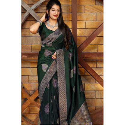 Generic Women's Litchi silk Printed Saree With Unstitched Blouse (Green)