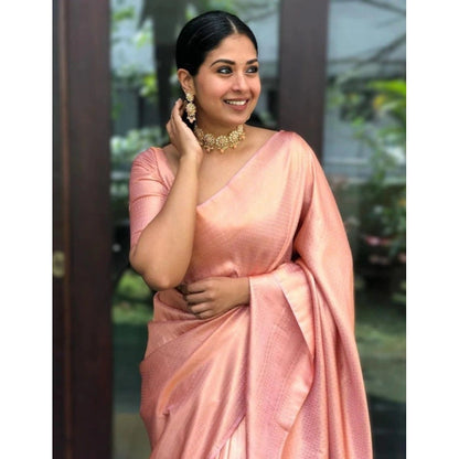 Generic Women's Litchi silk Printed Saree With Unstitched Blouse (Peach)