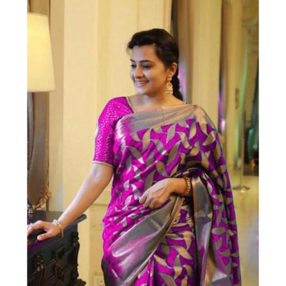 Generic Women's Litchi silk Printed Saree With Unstitched Blouse (Pink)