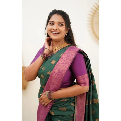 Generic Women's Litchi silk Printed Saree With Unstitched Blouse (Green)
