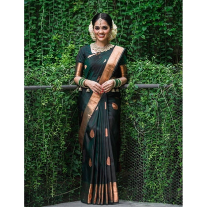 Generic Women's Litchi silk Printed Saree With Unstitched Blouse (Green)