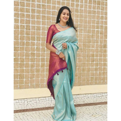 Generic Women's Litchi silk Printed Saree With Unstitched Blouse (Blue)