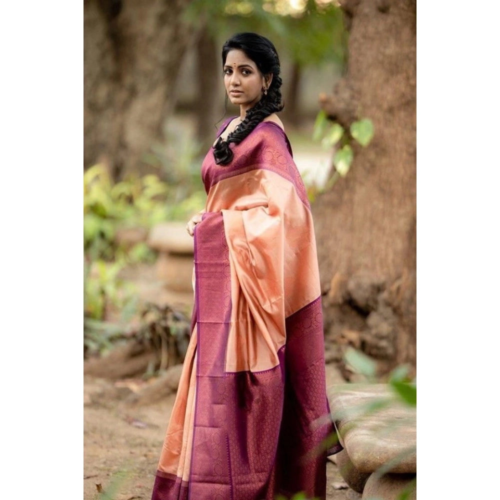 Generic Women's Litchi silk Printed Saree With Unstitched Blouse (Beige)