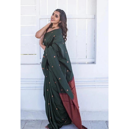Generic Women's Litchi silk Printed Saree With Unstitched Blouse (Dark Green)