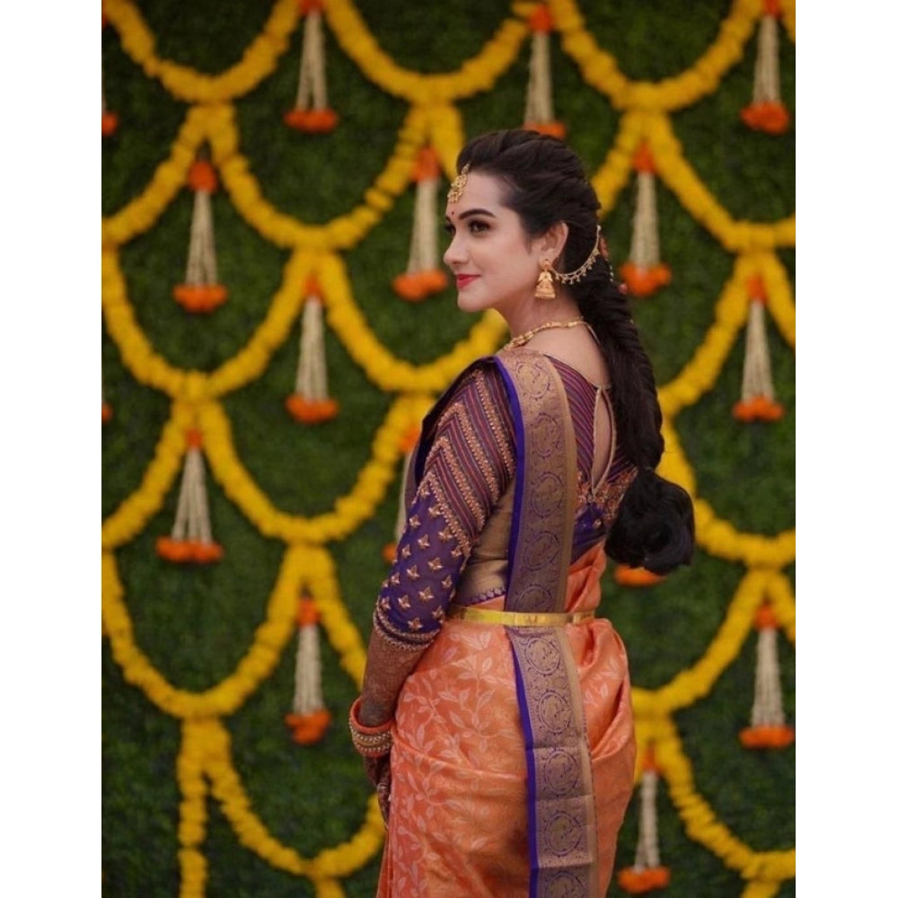 Generic Women's Litchi silk Printed Saree With Unstitched Blouse (Orange)