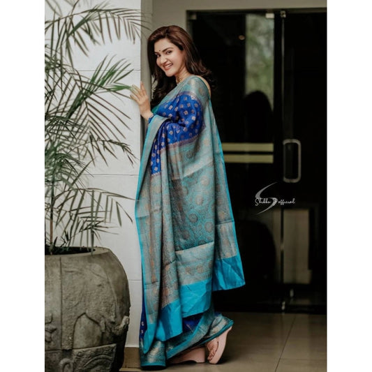 Generic Women's Litchi silk Printed Saree With Unstitched Blouse (Navy Blue)