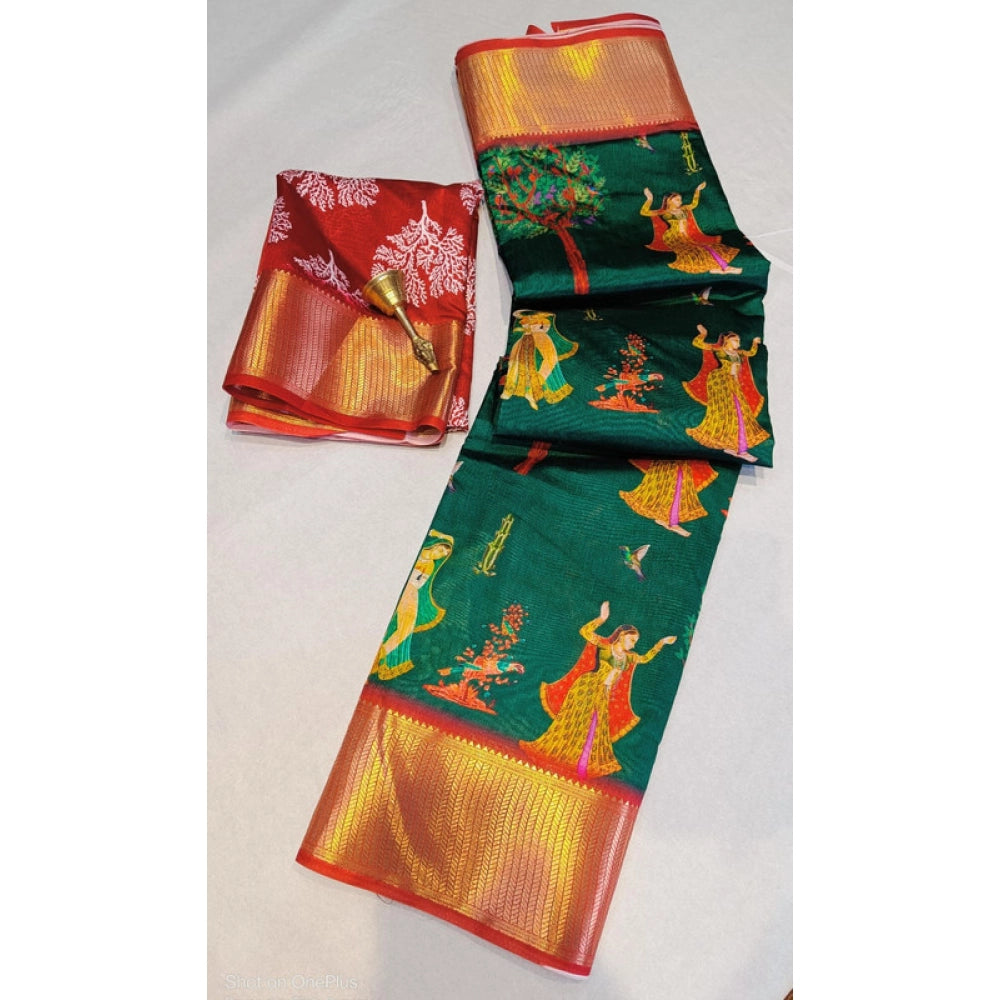 Generic Women's Digital Dolla Silk Printed Saree With Unstitched Blouse 5.5Mtr (Green)
