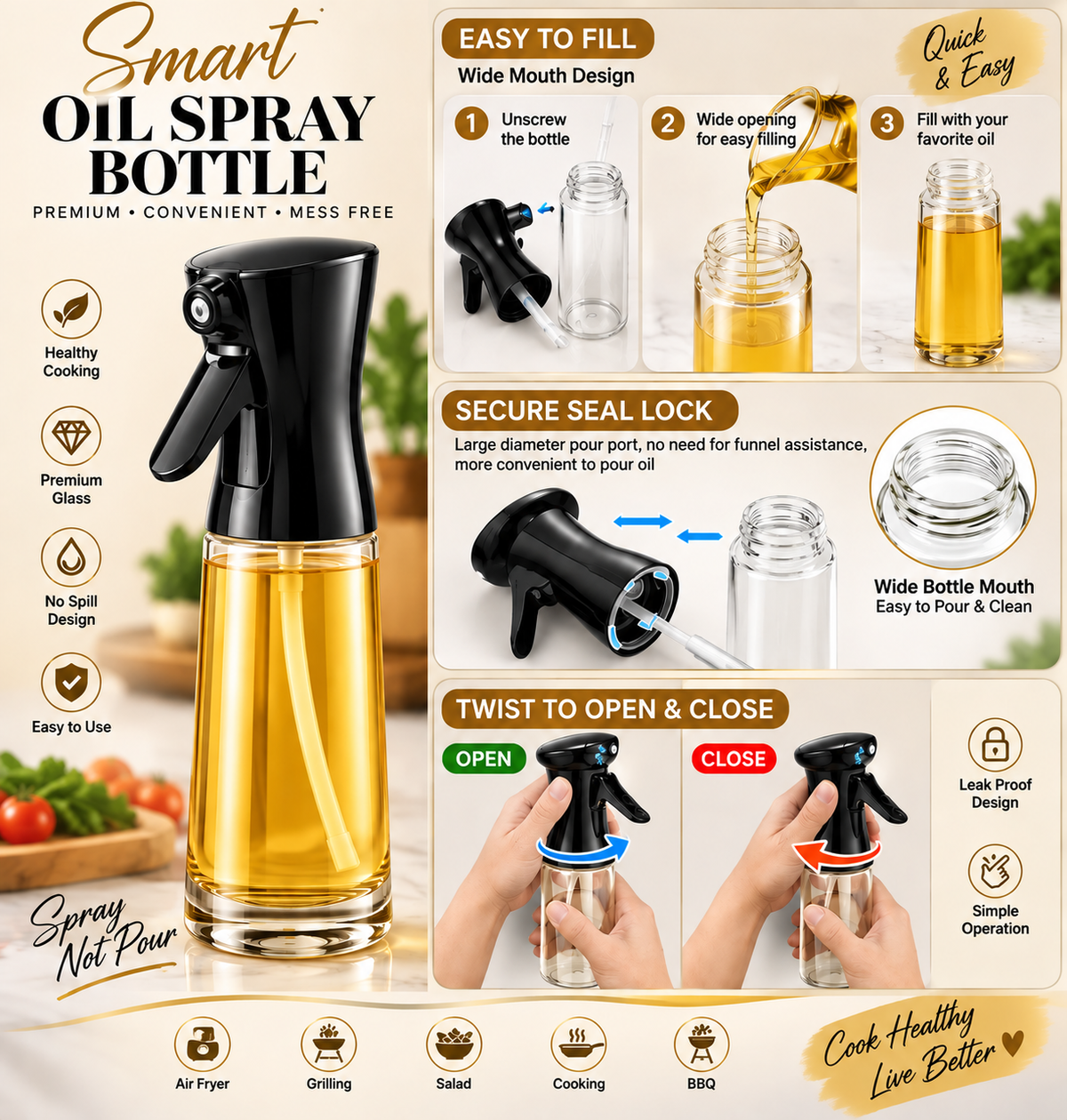 250ml Multiple Function Oil Spray Bottle – Fine Mist Sprayer