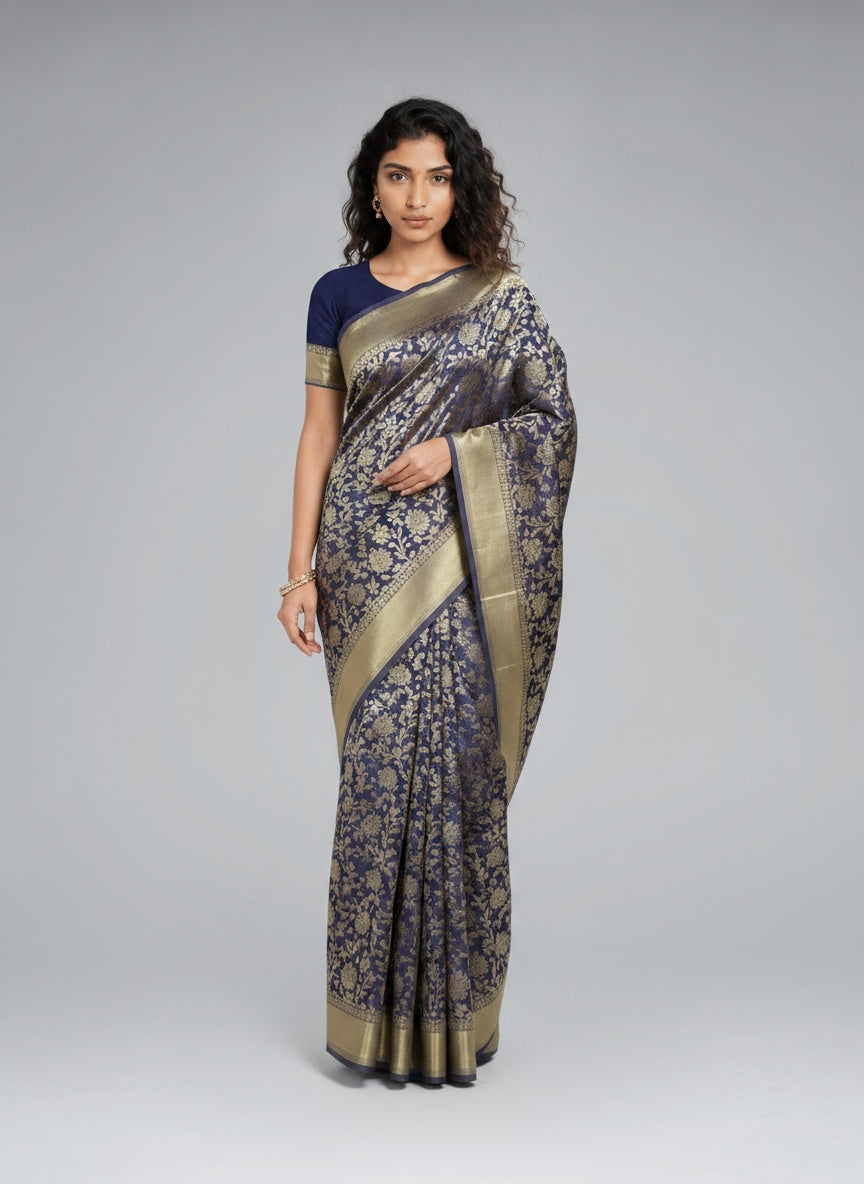 Full body view of the model wearing Generic Women's Banarasi silk Saree with Blouse (Navy blue, 5-6mtr)