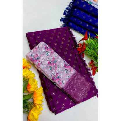 Generic Women's Printed Brasso Saree With Unstitched Blouse (Magenta, 5-6 Mtrs)