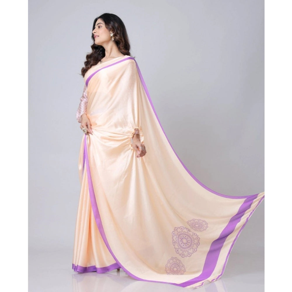 Generic Women's Soft Crepe Silk Printed Ready To Wear Saree With Unstitched Blouse 5.5Mtr (Beige)