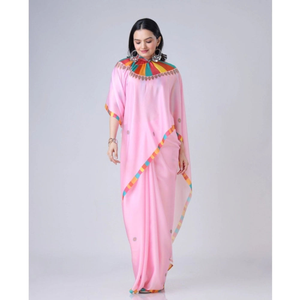 Generic Women's Soft Crepe Silk Printed Ready To Wear Saree With Unstitched Blouse 5.5Mtr (Pink)