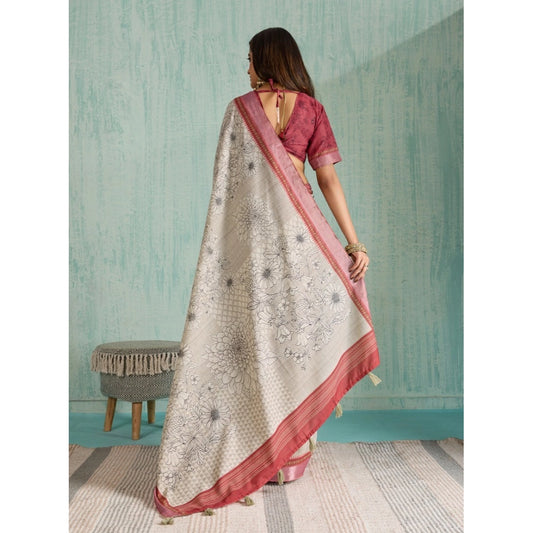 Generic Women's Silk Blend Printed Saree With Unstitched Blouse 5.5Mtr (Beige)
