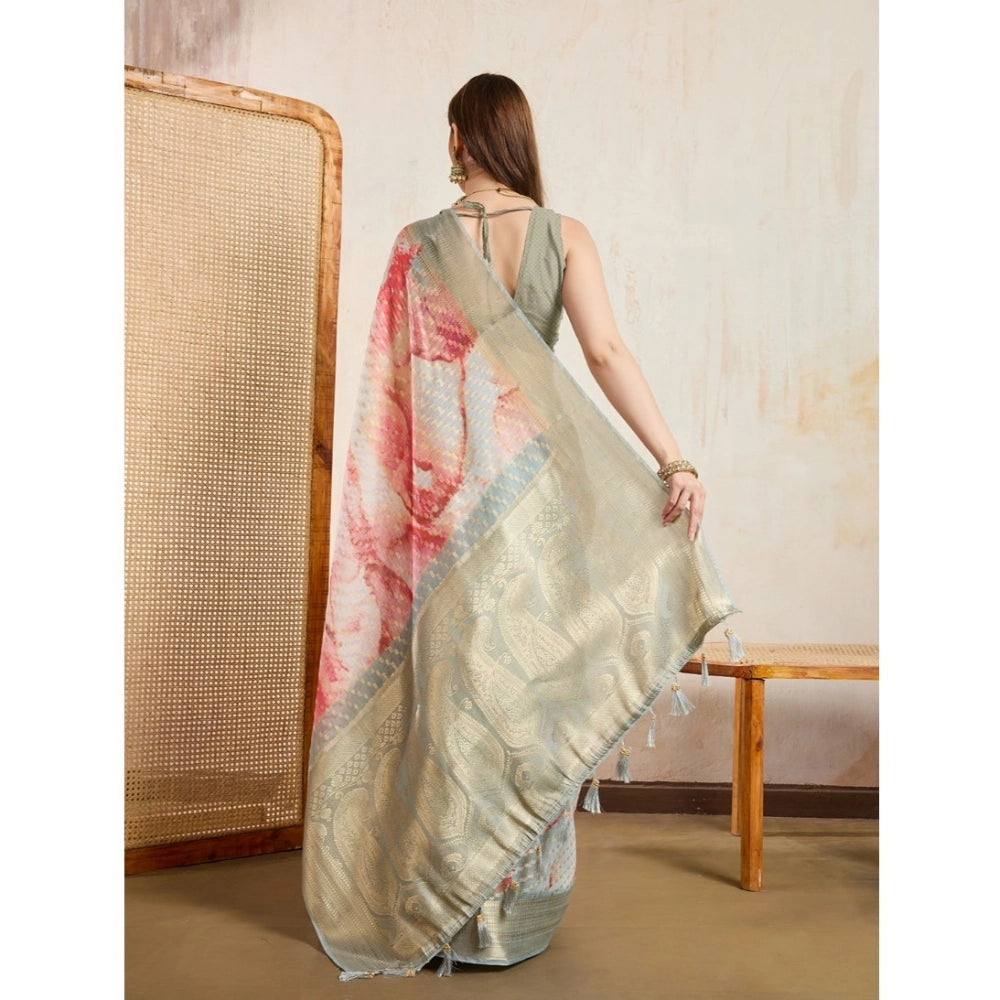 Generic Women's Viscose Printed Saree With Unstitched Blouse 5.5Mtr (Cream)