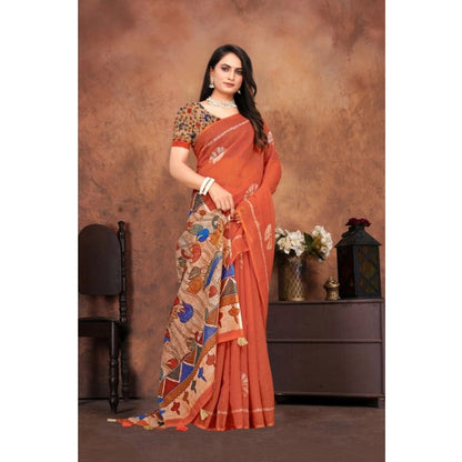Generic Women's Linen Printed Saree With Unstitched Blouse 5.5Mtr (Red)