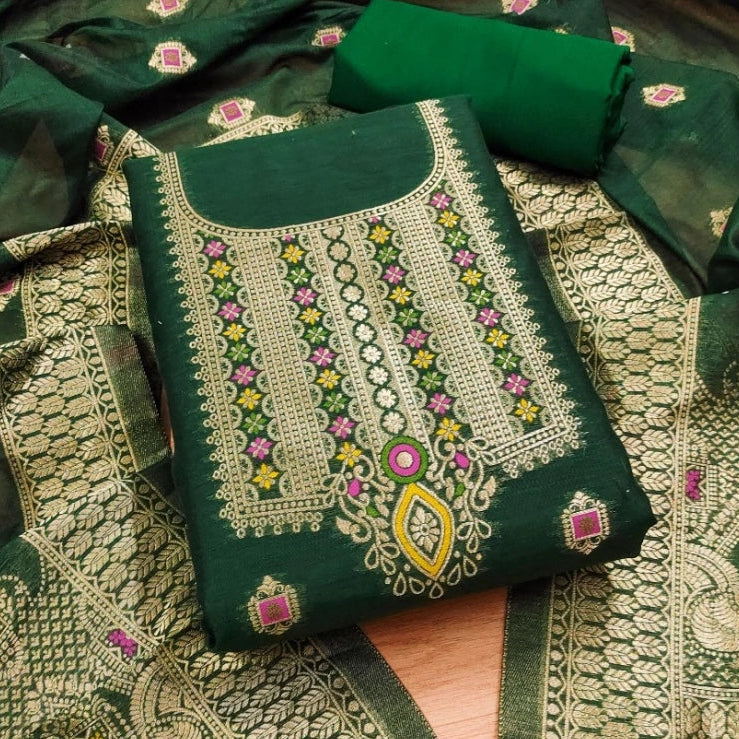 Generic Women's Banarasi Silk Printed Unstitched Salwar Suit Material With Dupatta (Bottle Green, 3Mtrs)