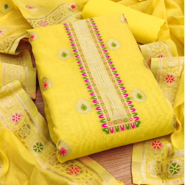 Generic Women's Banarasi Silk Printed Unstitched Salwar Suit Material With Dupatta (Yellow, 3Mtrs)