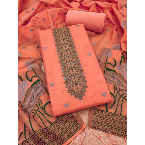 Generic Women's Banarasi Silk Printed Unstitched Salwar Suit Material With Dupatta (Peach, 3Mtrs)