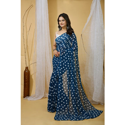 Generic Women's Georgette Printed Saree With Unstitched Blouse 5.5Mtr (Blue)