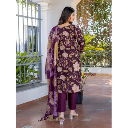 Generic Women's Cotton Blend Printed Kurti With Pant Dupatta Set (Purple)