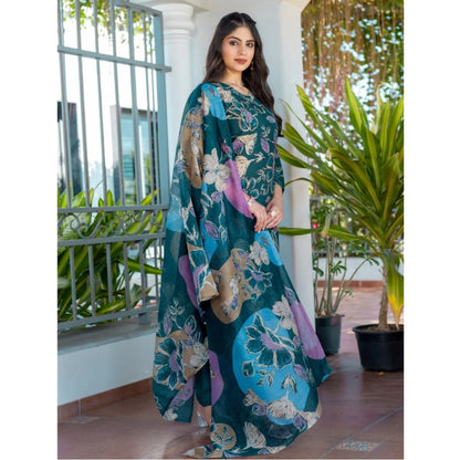 Generic Women's Cotton Blend Printed Kurti With Pant Dupatta Set (Rama)