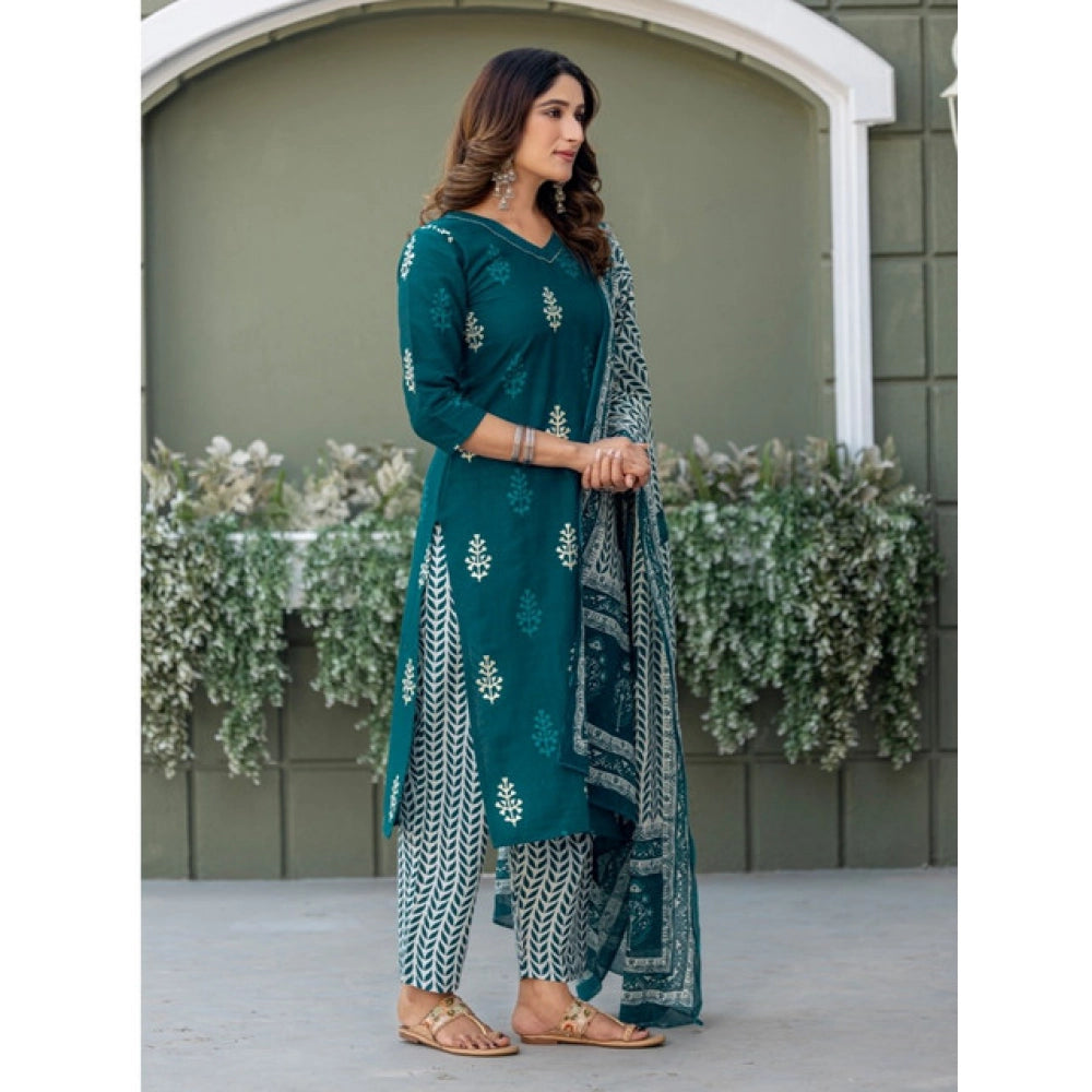 Generic Women's Cotton Blend Printed Kurti With Pant Dupatta Set (Morpichh)