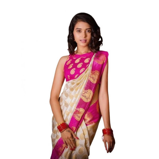 Generic Women's Soft Lichi Silk Printed Saree With Unstitched Blouse 5.5Mtr (White)