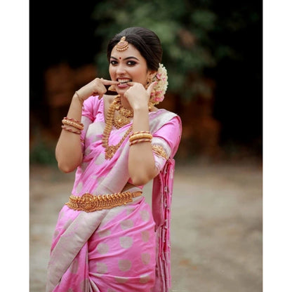 Generic Women's Soft Lichi Silk Printed Saree With Unstitched Blouse 5.5Mtr (Pink)