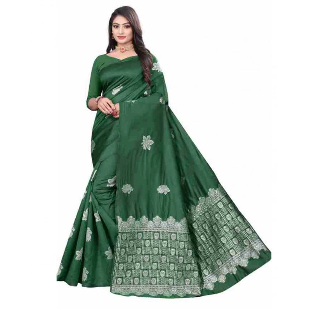 Generic Women's Soft Lichi Silk Printed Saree With Unstitched Blouse 5.5Mtr (Green)