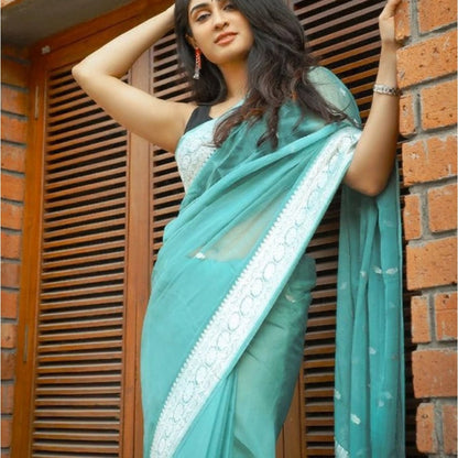 Generic Women's Soft Lichi Silk Printed Saree With Unstitched Blouse 5.5Mtr (Sky-Blue)