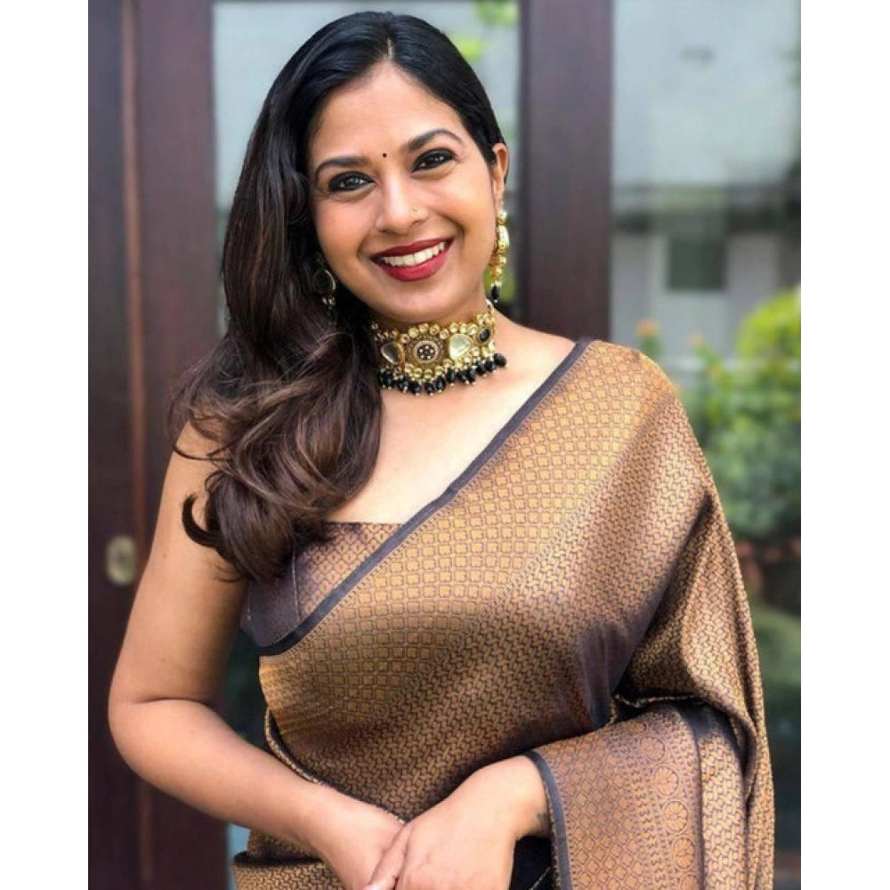 Generic Women's Soft Lichi Silk Printed Saree With Unstitched Blouse 5.5Mtr (Black-Gold)
