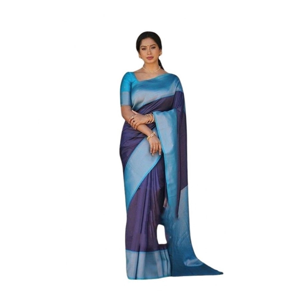 Generic Women's Soft Lichi Silk Printed Saree With Unstitched Blouse 5.5Mtr (Blue)