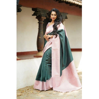 Generic Women's Soft Lichi Silk Printed Saree With Unstitched Blouse 5.5Mtr (Green)