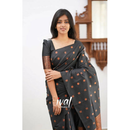 Generic Women's Soft Lichi Silk Printed Saree With Unstitched Blouse 5.5Mtr (Black)