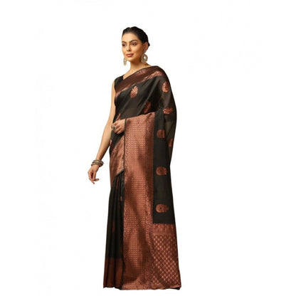Generic Women's Soft Lichi Silk Printed Saree With Unstitched Blouse 5.5Mtr (Black)