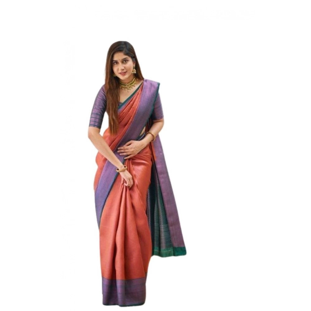 Generic Women's Soft Lichi Silk Printed Saree With Unstitched Blouse 5.5Mtr (Orange)