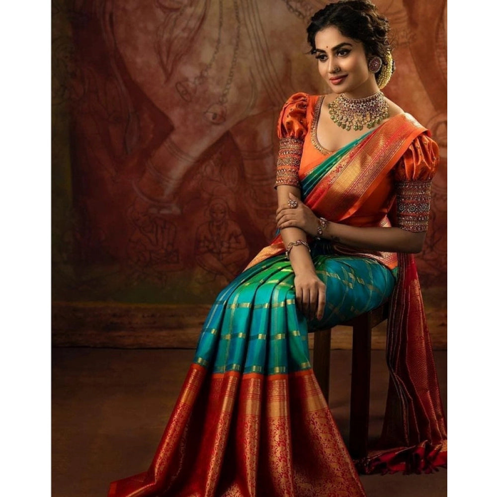 Generic Women's Soft Lichi Silk Printed Saree With Unstitched Blouse 5.5Mtr (Green)