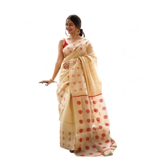 Generic Women's Soft Lilan Printed Saree With Unstitched Blouse 5.5Mtr (Cream)