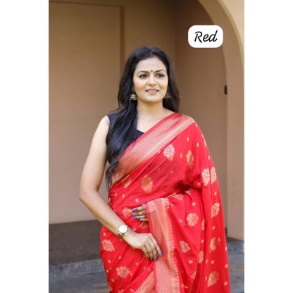 Generic Women's Soft Lichi Silk Printed Saree With Unstitched Blouse 5.5Mtr (Red)