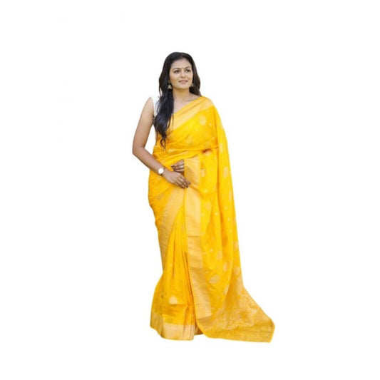 Generic Women's Soft Lichi Silk Printed Saree With Unstitched Blouse 5.5Mtr (Yellow)