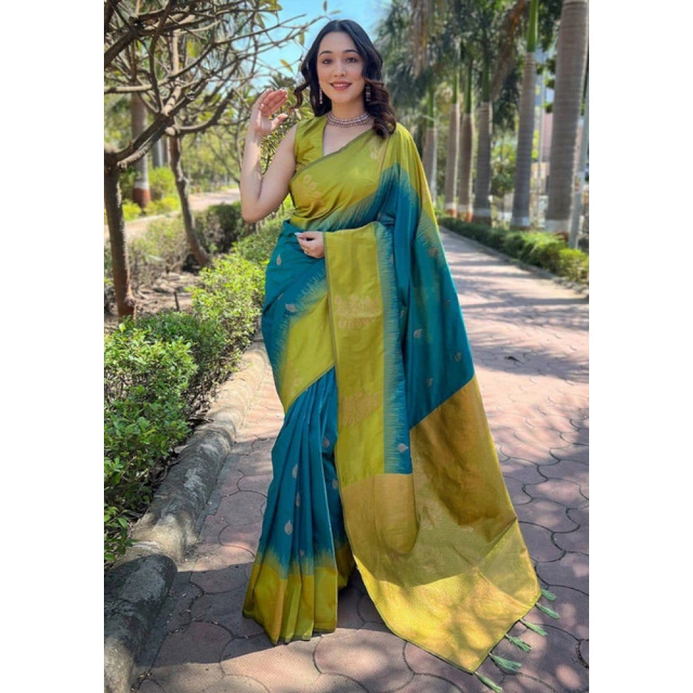 Generic Women's Soft Lichi Silk Printed Saree With Unstitched Blouse 5.5Mtr (Green)