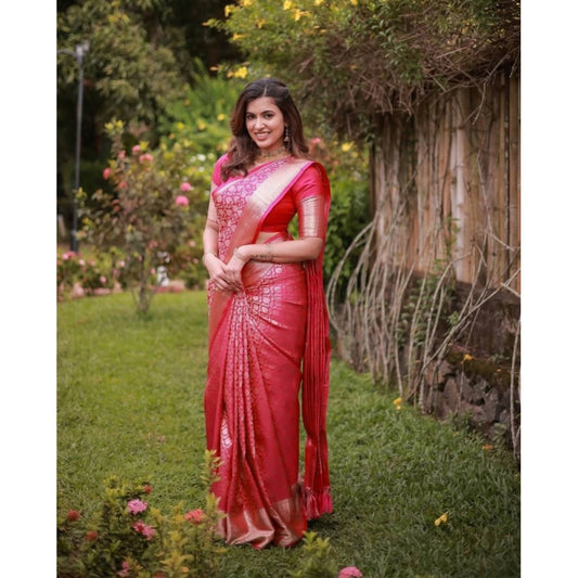 Generic Women's Soft Lichi Silk Printed Saree With Unstitched Blouse 5.5Mtr (Pink)