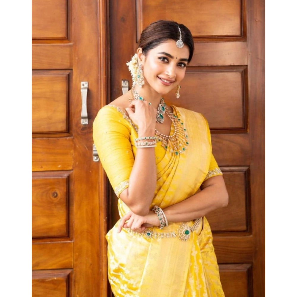 Generic Women's Soft Lichi Silk Printed Saree With Unstitched Blouse 5.5Mtr (Yellow)