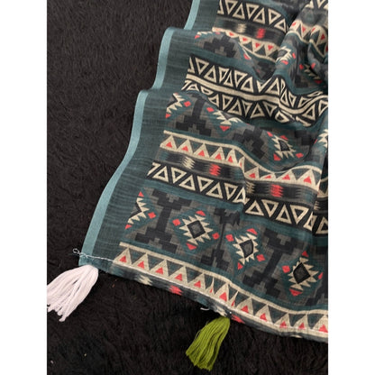 Generic Women's Linen Cotton  Printed Saree With Unstitched Blouse 5.5Mtr (Blue)